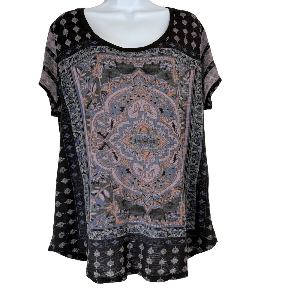 Lucky Brand Womens 1X Black Boho Mandala Graphic Scoop Neck Short Sleeve Top